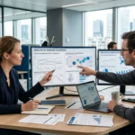 Professionnels analysant des données de veille concurrentielle sur écran