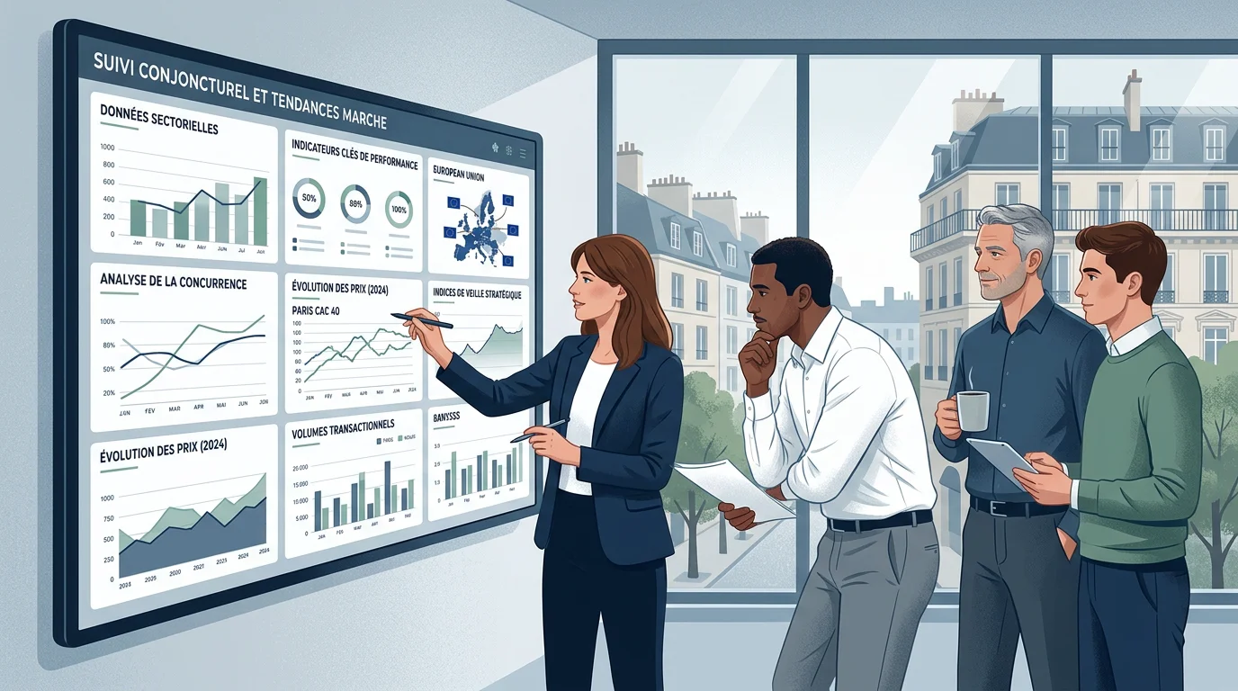 Équipe analysant un tableau de bord de veille concurrentielle