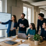 Équipe européenne analysant des tableaux de bord SEO sur un grand écran
