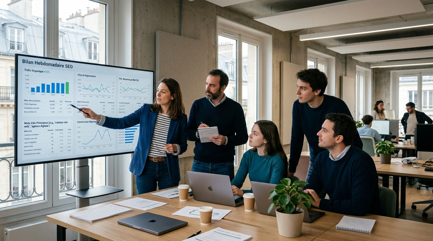 Équipe européenne analysant des tableaux de bord SEO sur un grand écran