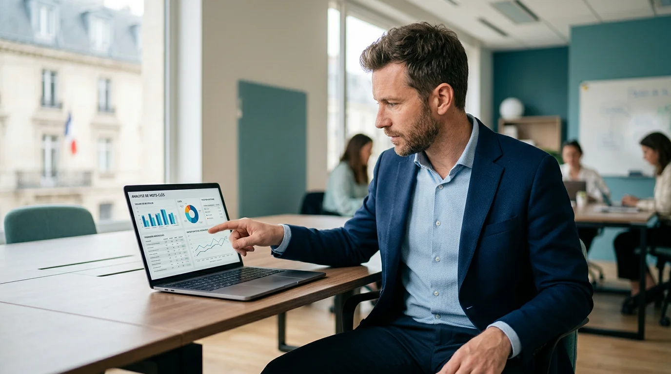 Professionnel européen analysant des données de mots-clés SEO sur un ordinateur portable