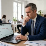 Dirigeant européen observant une courbe de trafic organique en baisse sur un ordinateur portable