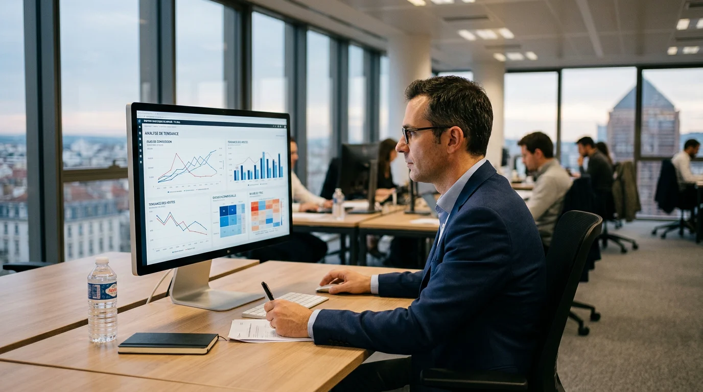 Analyste européen examinant des courbes de trafic en baisse sur un tableau de bord