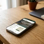 Smartphone affichant un site web responsive sur un bureau