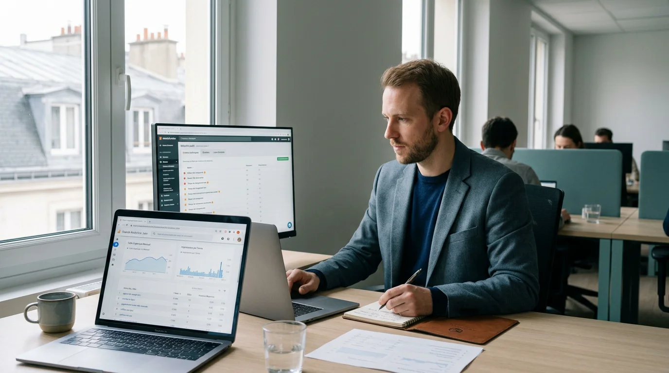 Consultant SEO analysant des données de trafic sur son ordinateur
