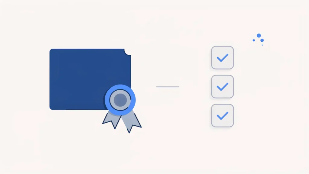 Document de certification portant un sceau, à côté d'une liste de contrôle cochée.