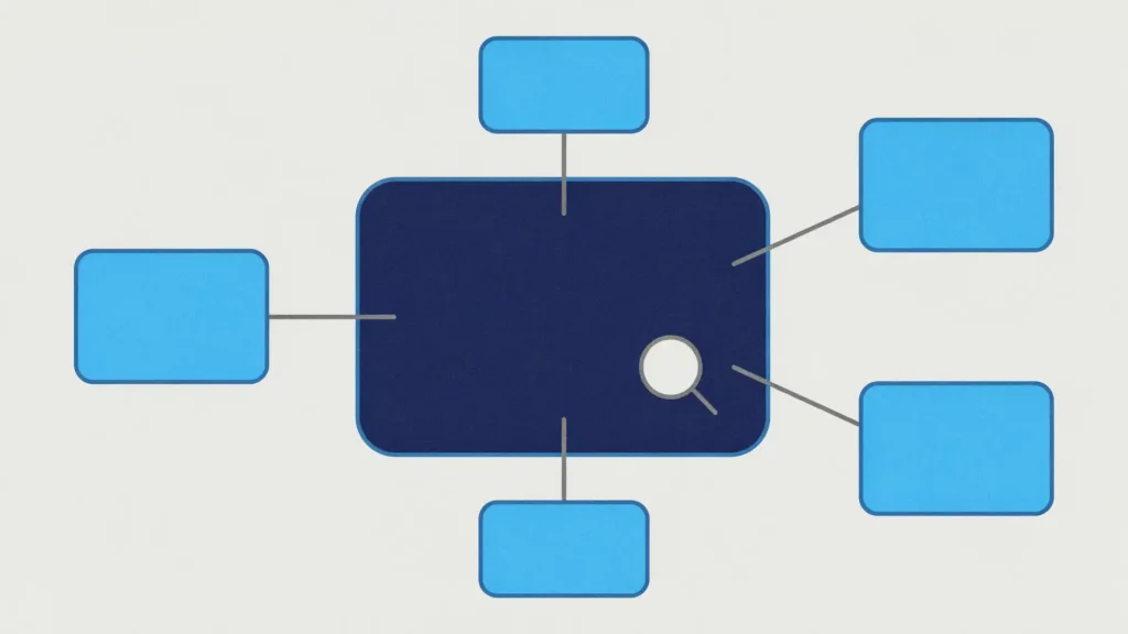 Schéma d'un ensemble de contenus reliés : une page centrale connectée à cinq pages secondaires, surmontée d'une loupe.