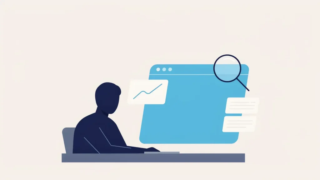 Illustration d'une personne à son bureau analysant une page web à la loupe, accompagnée d'une courbe de progression et de documents.