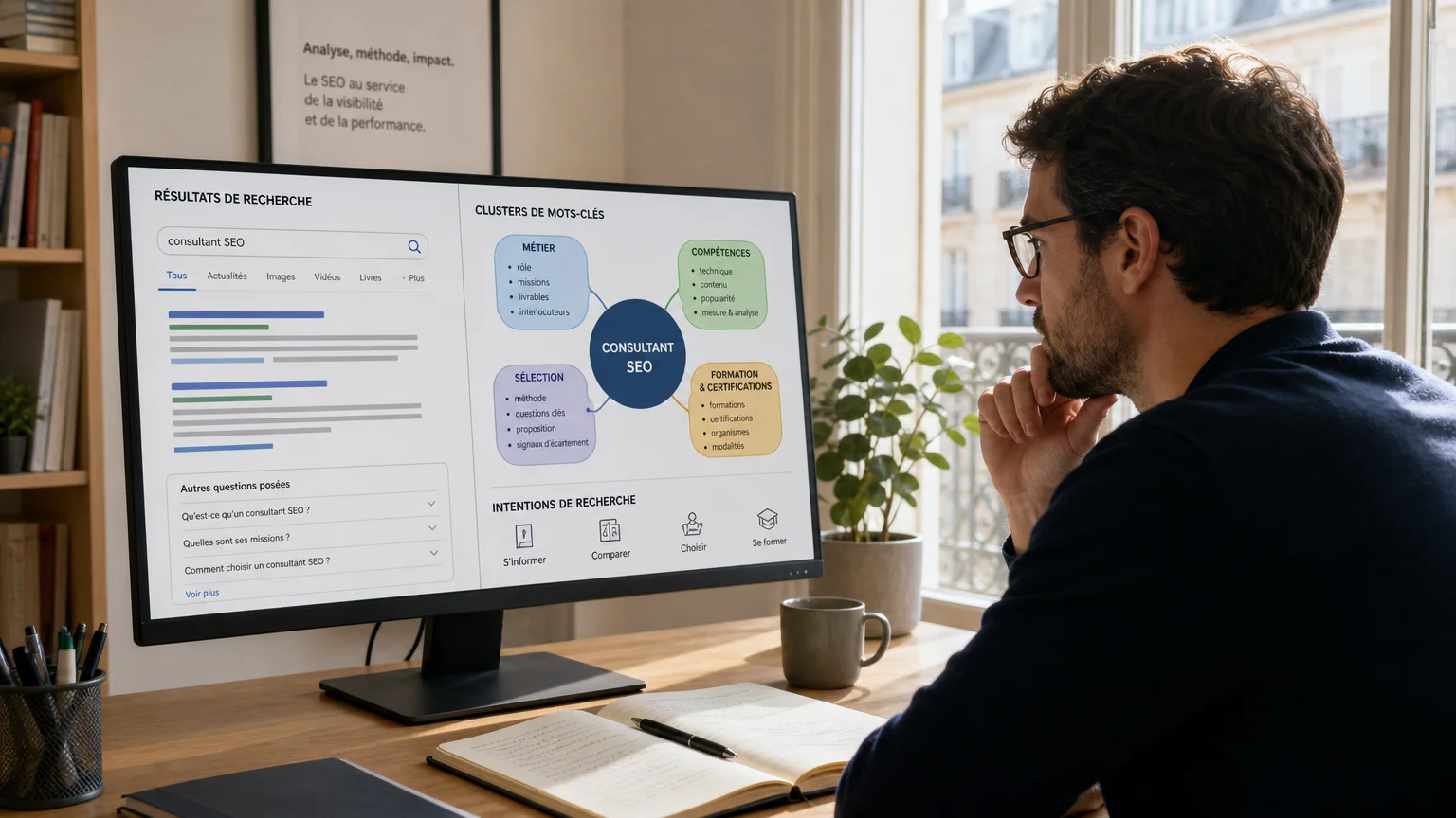 Consultante analysant une stratégie de contenu SEO sur son écran