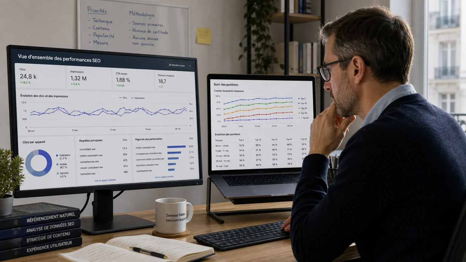 Analyste examinant des courbes de performance SEO sur deux écrans