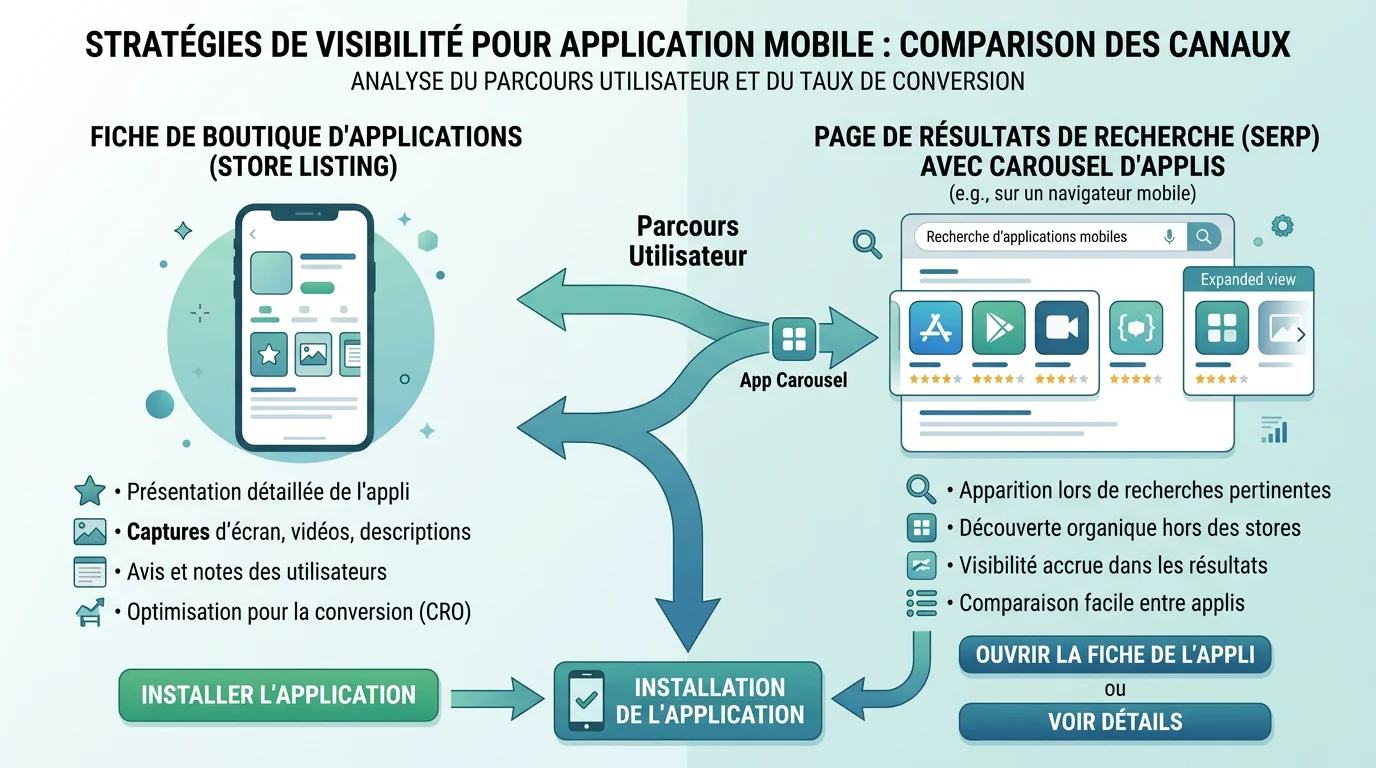 Schéma des deux canaux de visibilité d'une application entre store et recherche Google
