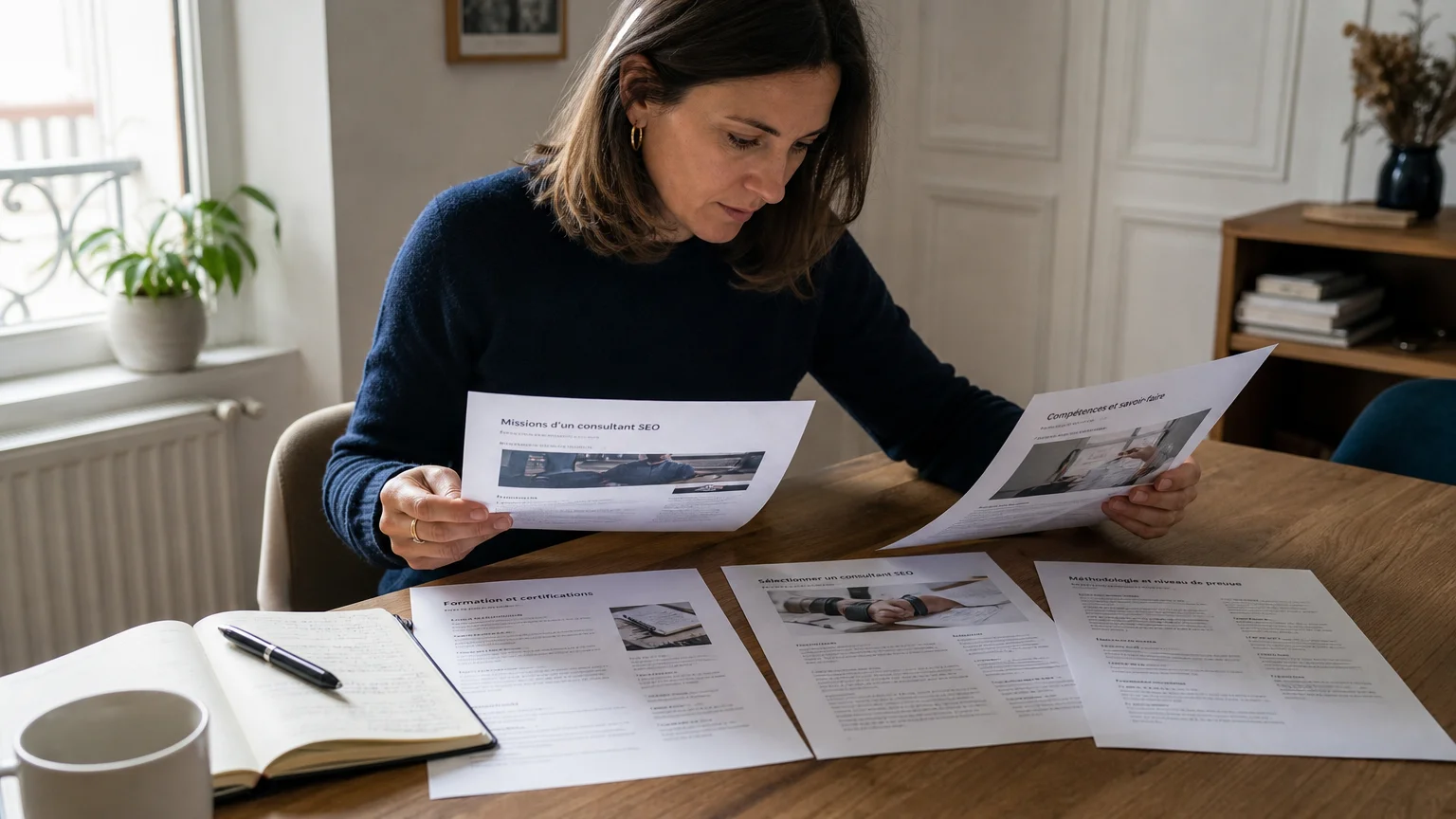 Professionnelle européenne comparant des modèles de pages après une mise à jour anti-spam