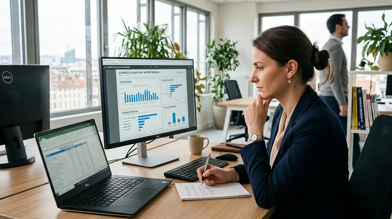 Consultant SEO analysant des données de trafic organique sur ordinateur