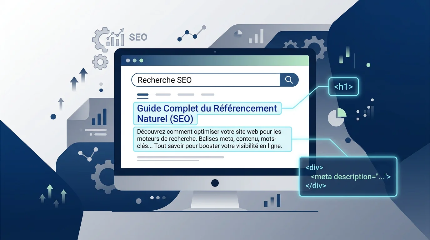 Illustration des balises meta reliant le code HTML aux résultats de recherche
