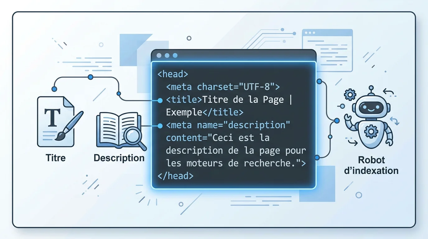 Schéma d'une section head HTML avec les principales balises meta