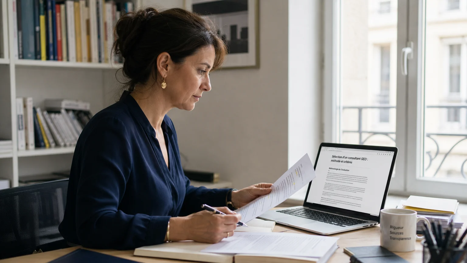 Éditrice française vérifiant la qualité et la transparence d’un article d’actualité