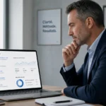 Un dirigeant évalue le choix d'un consultant SEO devant son ordinateur