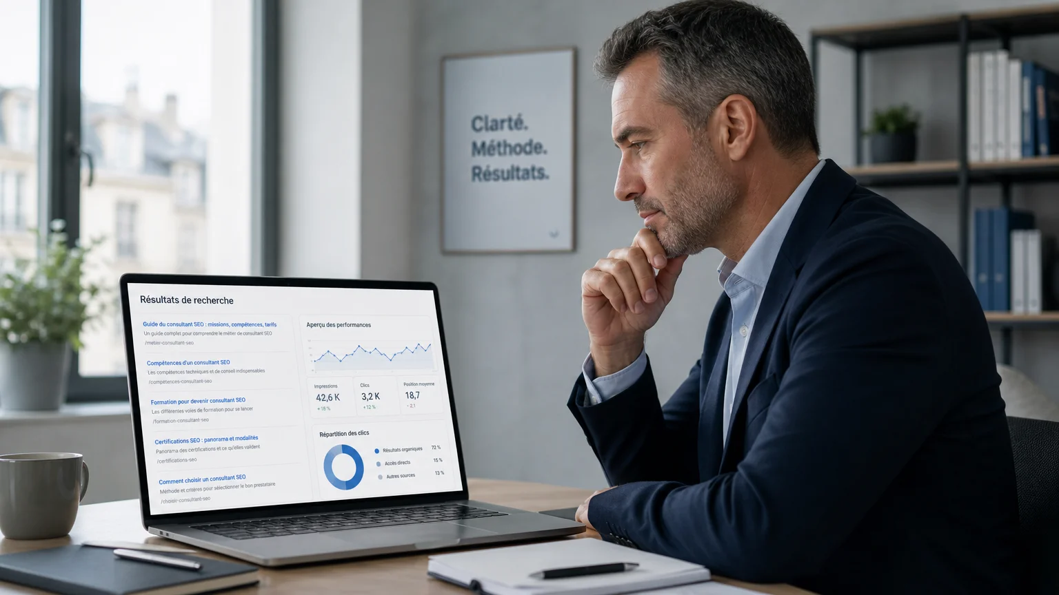 Un dirigeant évalue le choix d'un consultant SEO devant son ordinateur