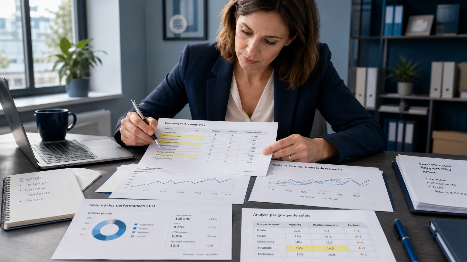 Une responsable marketing compare plusieurs classements de consultants SEO sur un bureau