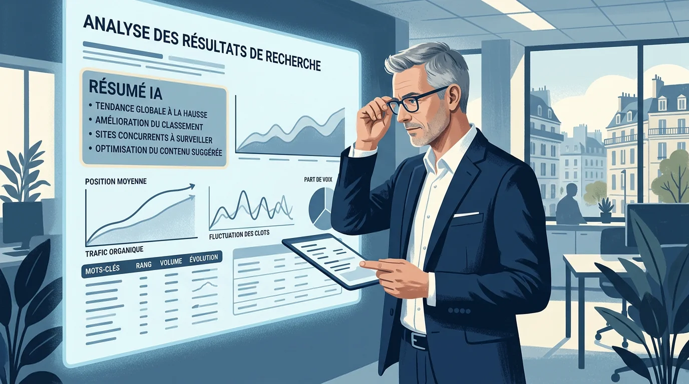 Analyste européen étudiant un tableau de bord de suivi SEO avec un encart de réponse IA