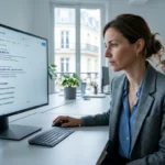 Professionnel du marketing analysant les blocs de questions dans les résultats de recherche Google