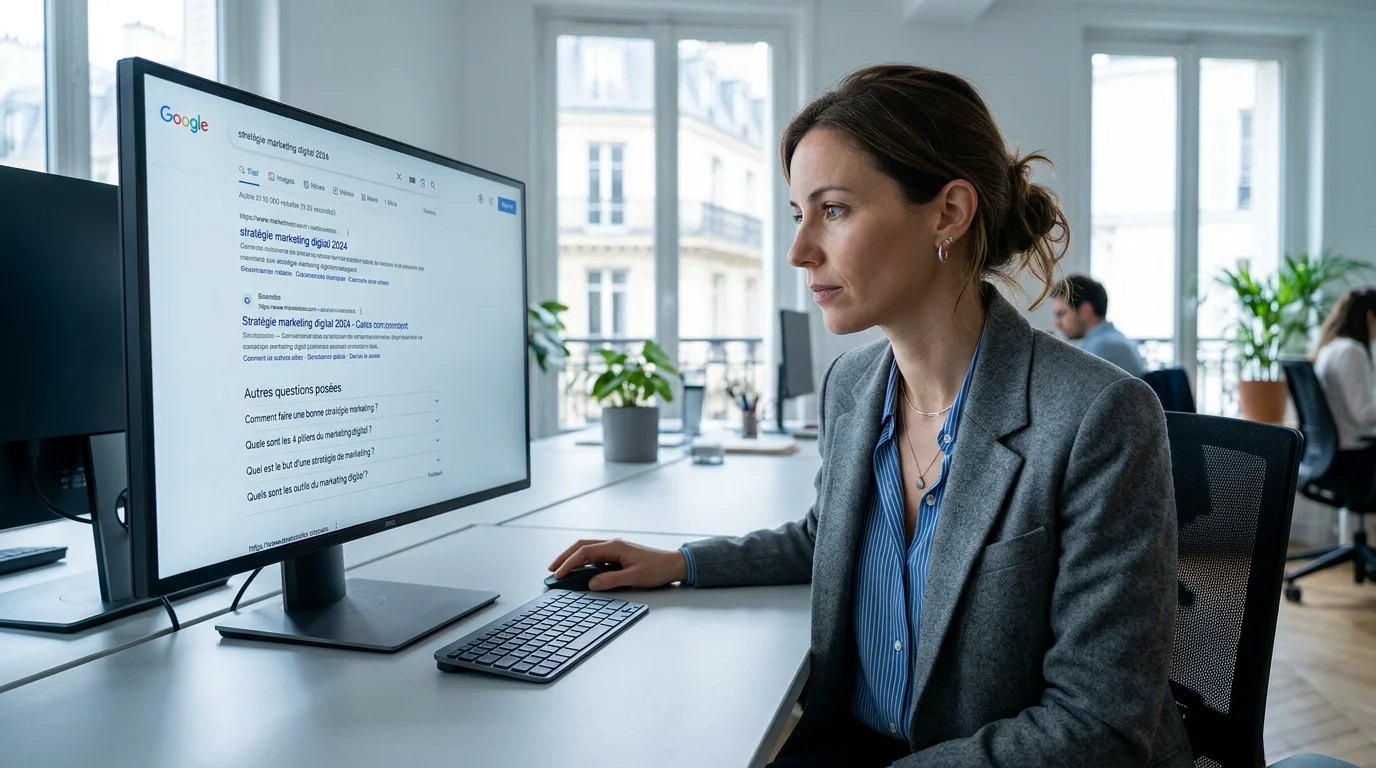 Professionnel du marketing analysant les blocs de questions dans les résultats de recherche Google