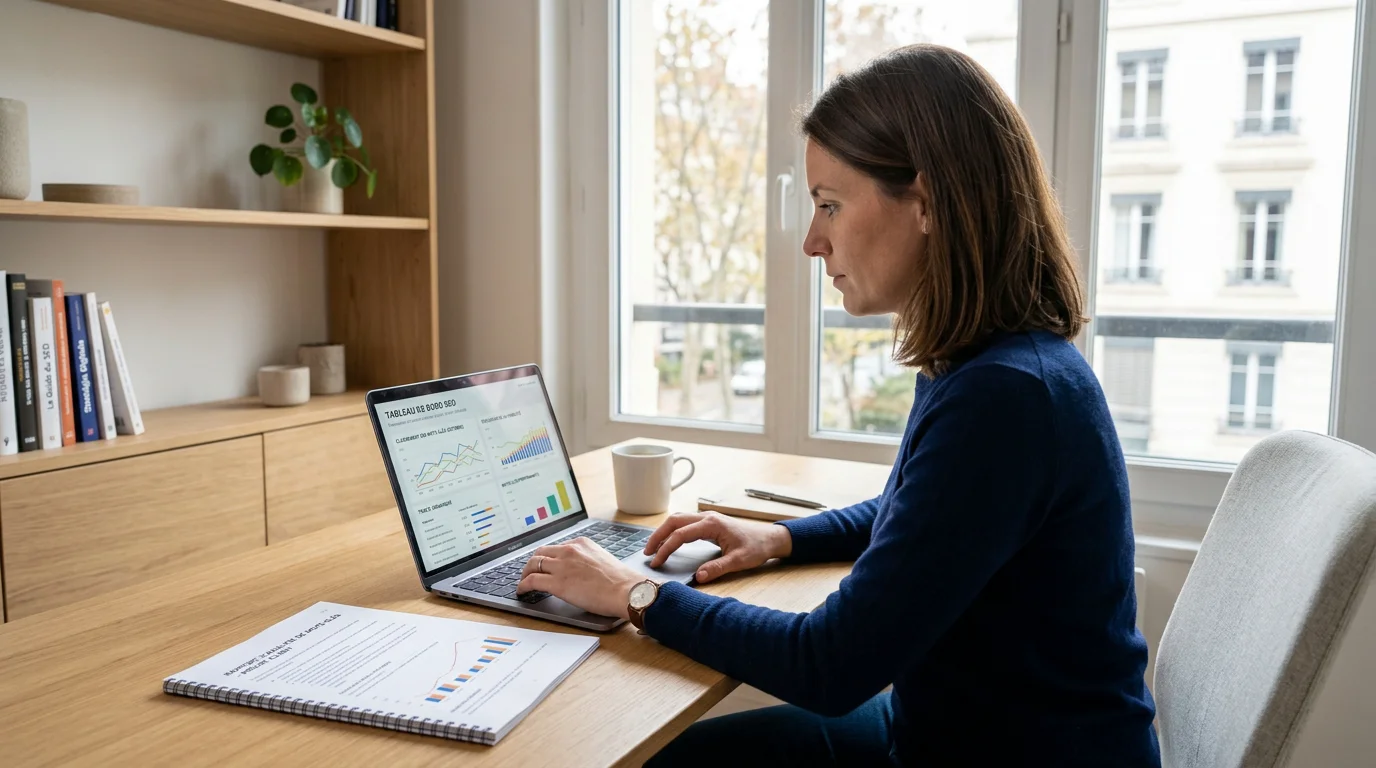 Consultant SEO indépendant travaillant à son compte devant un tableau de bord de performance