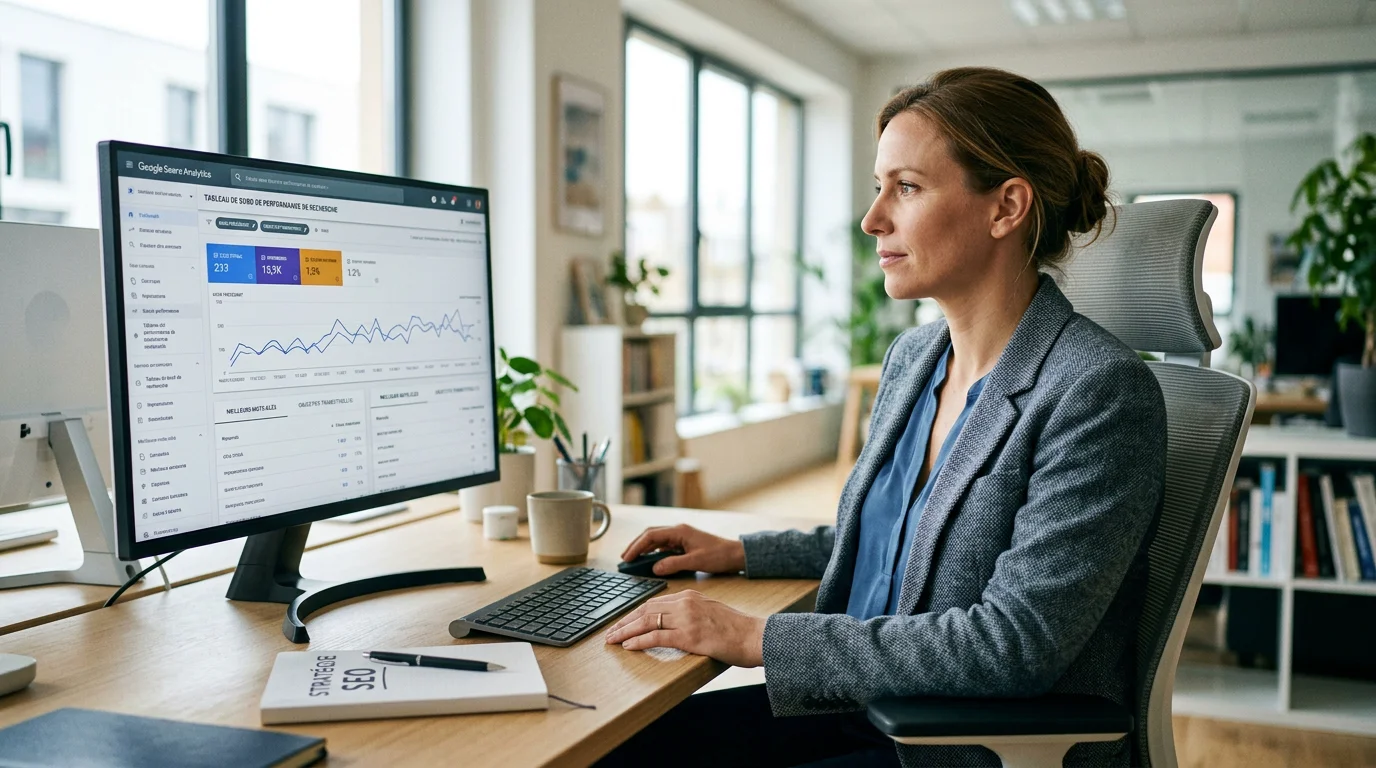 Consultant SEO au travail devant ses écrans d'analyse de performance