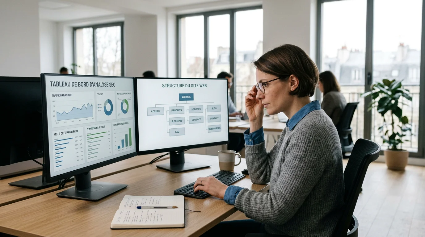 Consultant SEO analysant des tableaux de performance sur ses écrans
