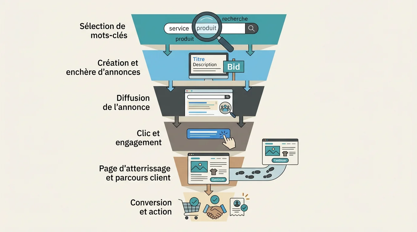 Schéma des étapes d'une campagne de référencement payant efficace