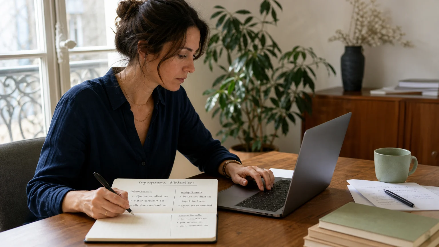 Consultante SEO analysant des suggestions de recherche dans un bureau