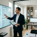 Consultant SEO européen présentant une stratégie de référencement sur grand écran