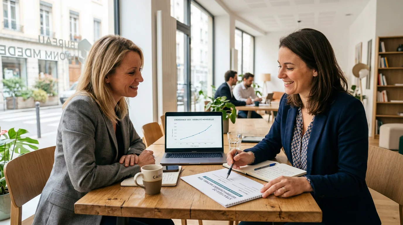 Dirigeant et consultant SEO comparant une proposition d'accompagnement
