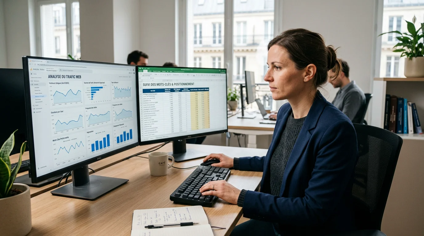 Un référenceur internet analyse des données de positionnement sur ses écrans