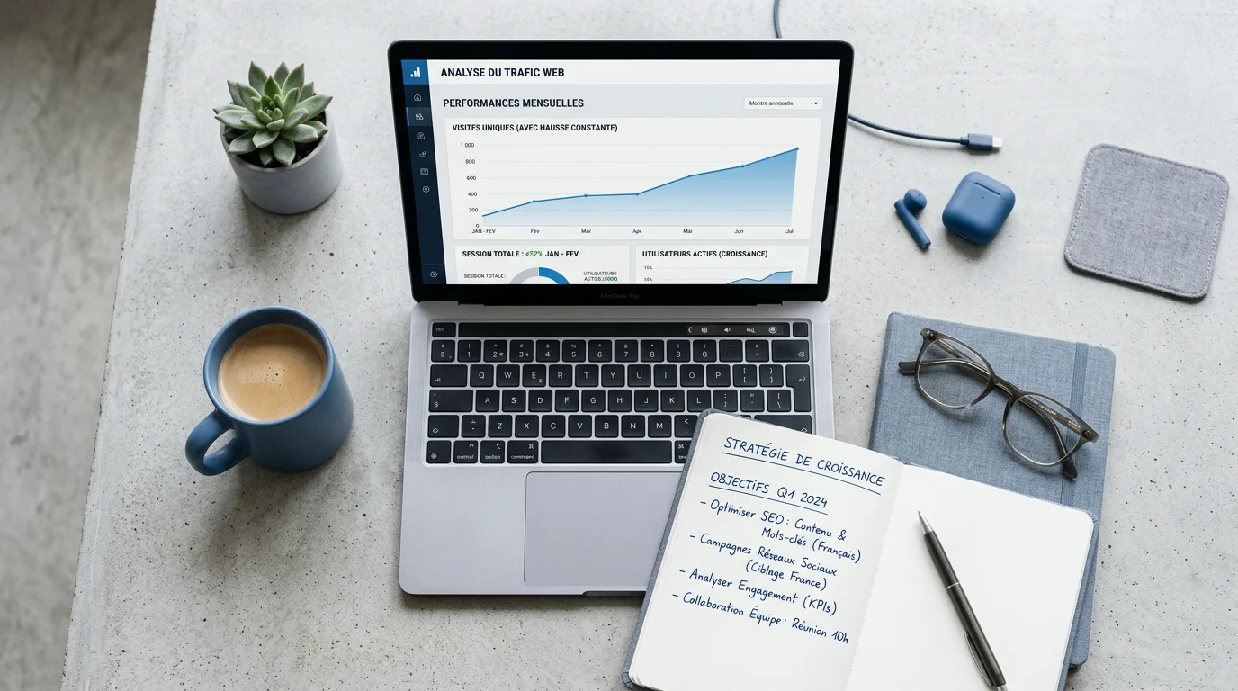 Espace de travail d'un référenceur internet avec courbes de trafic et notes de stratégie