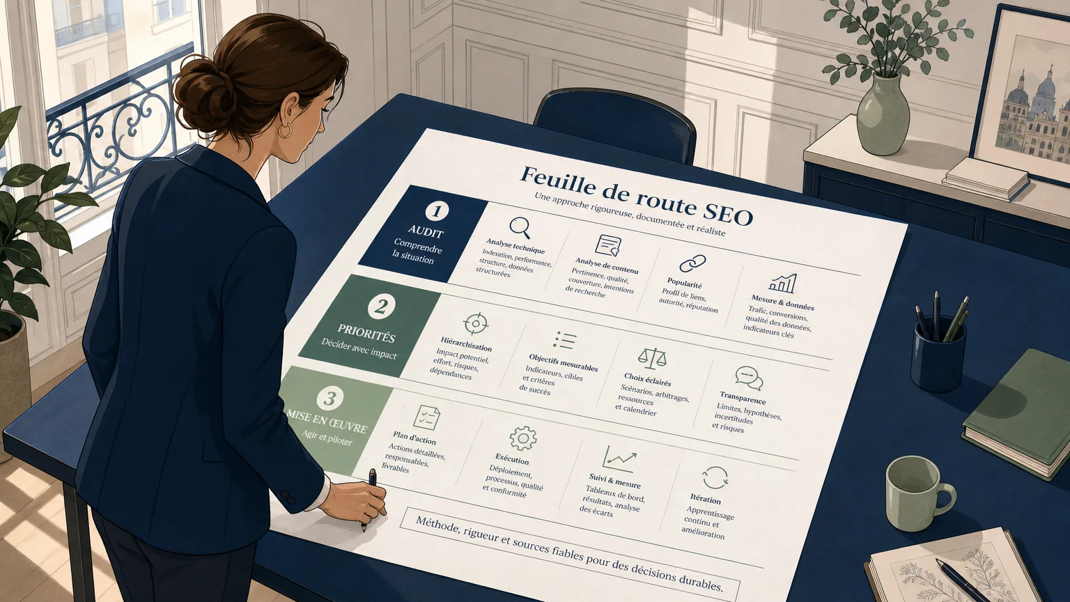 Consultante SEO organisant une feuille de route d’audit et de priorités