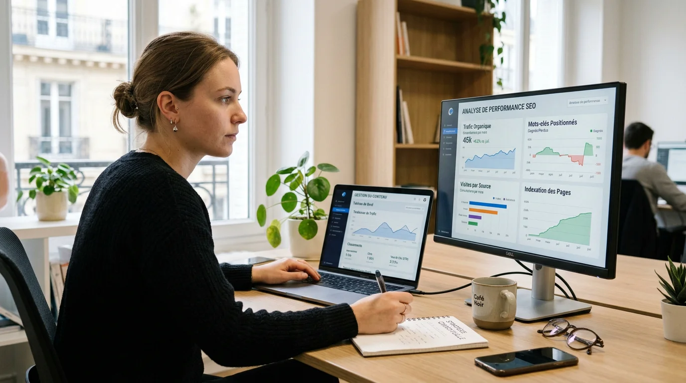 Consultant en référencement analysant les performances d'un site WordPress sur son ordinateur
