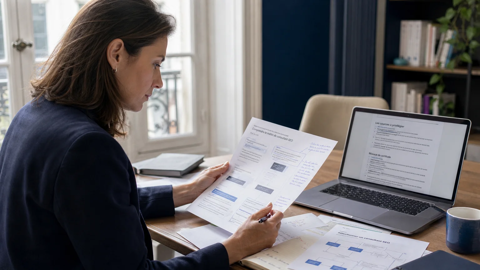 Professionnelle européenne analysant une page web et ses priorités d’optimisation