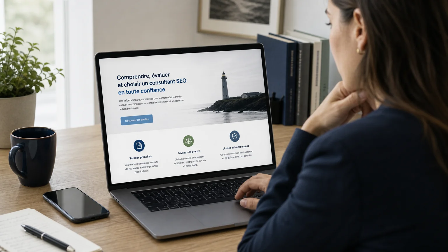 Consultante analysant une landing page sur ordinateur et mobile