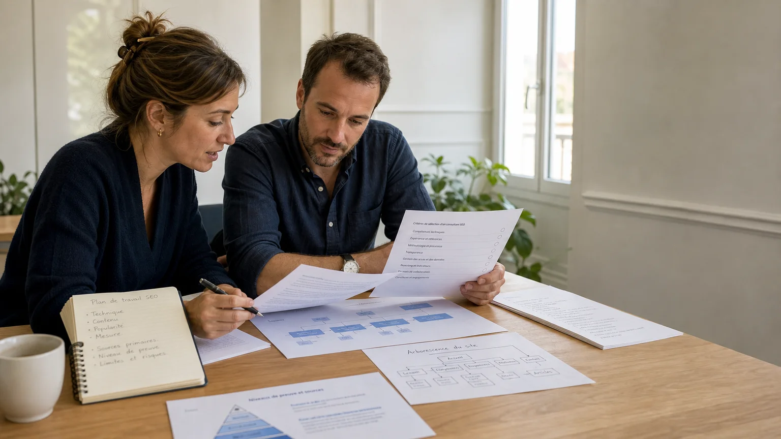 Consultante SEO et responsable marketing analysant une arborescence de site